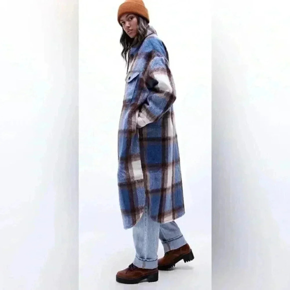 OBEY Blue Plaid Emile Brushed Longline Shacket Jacket - Picture 2 of 8